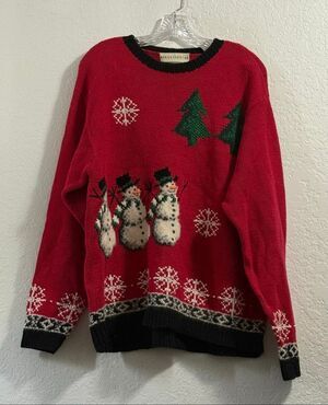 Vintage Marisa Christina Hand Knitted Christmas Sweater Snowman Snowflakes XL